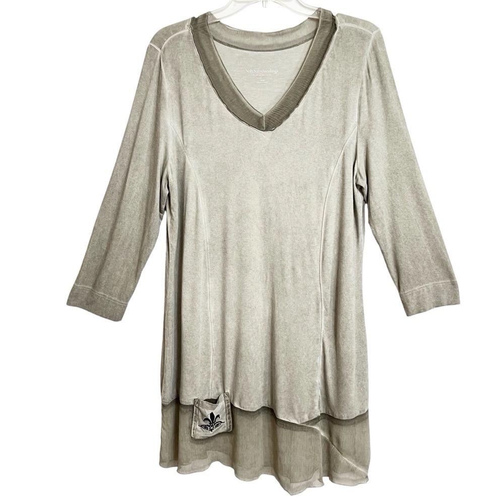 Soft Surroundings Fleur de Lis Tunic Womens L Green Multi Media Coastal Grandma